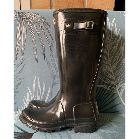 Hunter original kids Gloss Tall Black Rubber Rain Boots F 5 M 4 - Picture 2 of 11